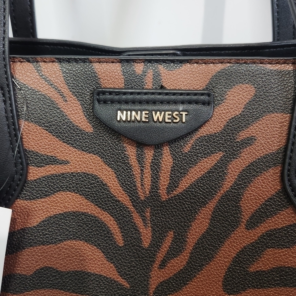 Nine West Landyn Black Saddle Tan Zebra Tote Shoulder Bag Purse - Picture 4 of 16